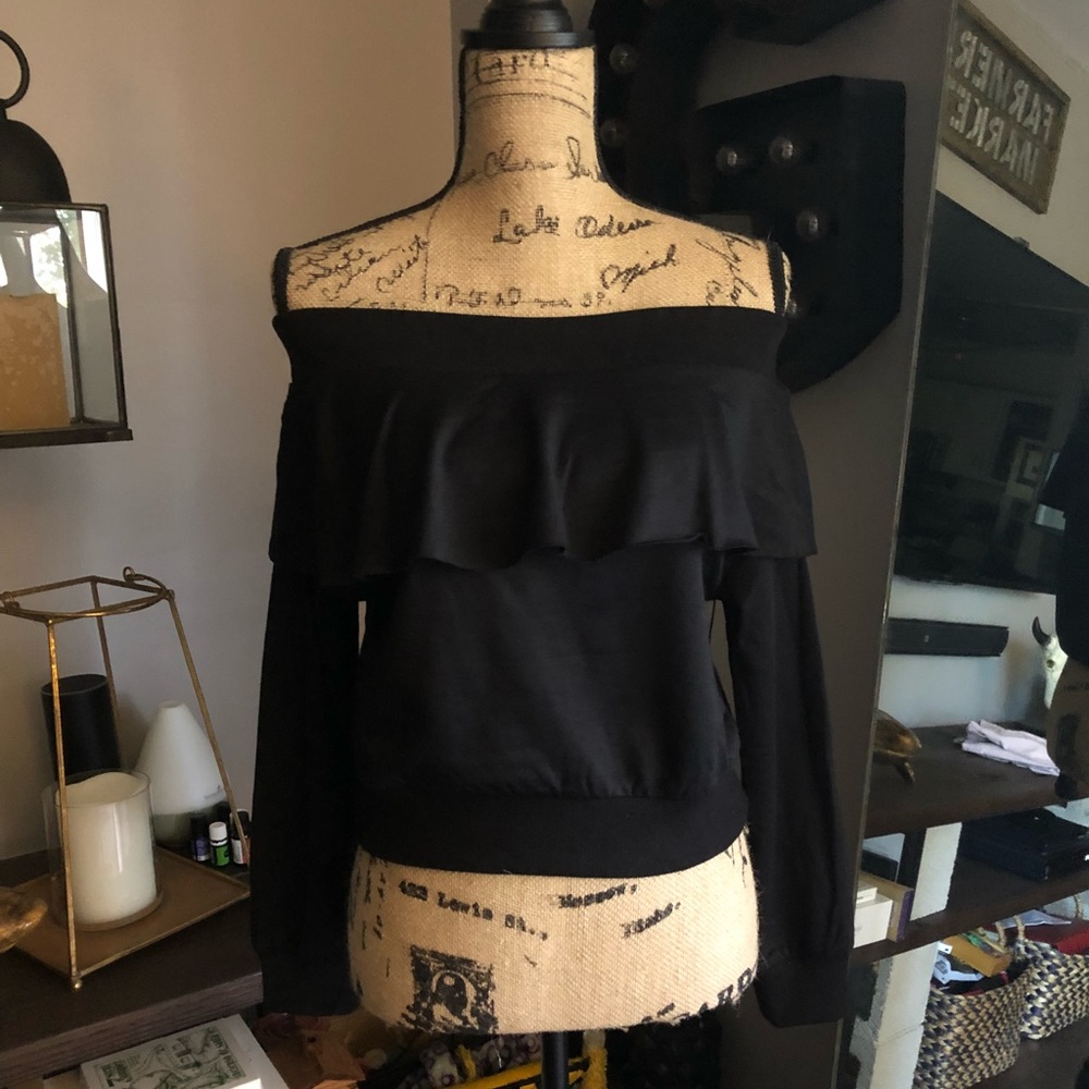 Blue Blush Ruffle Cropped Off The Shoulder Sweater